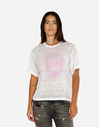 Lauren Moshi Linnea Pink Peace Love Skull In White Burnout