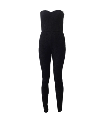 Shop Monique Lhuillier Strapless Lace Jumpsuit In Noir