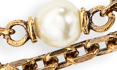 Shop Alexander Mcqueen Imitation Pearl & Skull Layered Bracelet In 2375 Antique Gold - Pearl