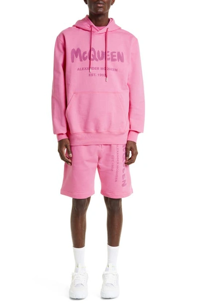 Shop Alexander Mcqueen Graffiti Logo Cotton Hoodie In Sugar Pink
