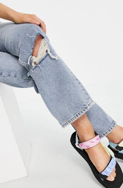 Shop Topshop Double Ripped Knee Nonstretch Dad Jeans In Mid Denim