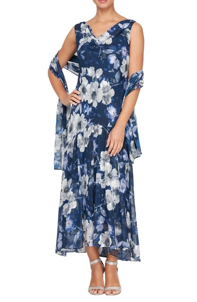 Shop Alex Evenings Floral Cowl Neck A-line Dress With Shawl In Navy Multi