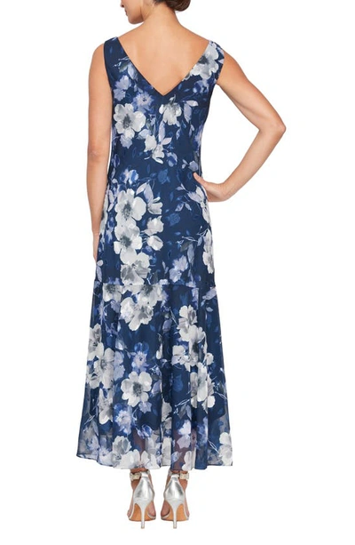 Shop Alex Evenings Floral Cowl Neck A-line Dress With Shawl In Navy Multi