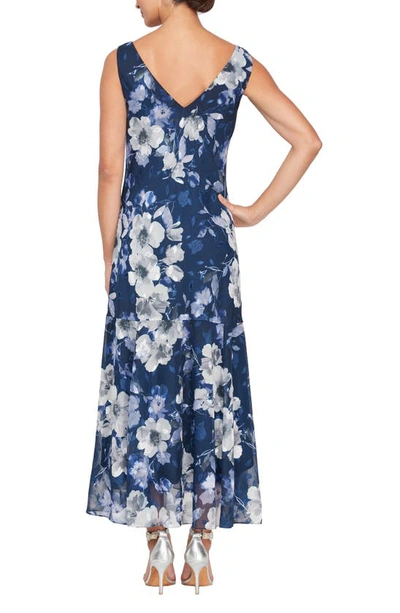 Alex Evenings Floral Cowl Neck A-line Dress With Shawl In Navy Multi