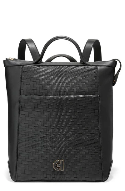 Shop Cole Haan Grand Ambition Small Convertible Leather Backpack In Black/ Woven