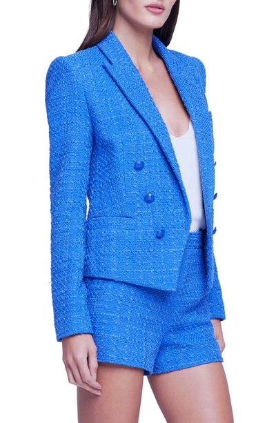 Shop L Agence Brooke Double Breasted Crop Cotton Blend Blazer In Twilight Blue