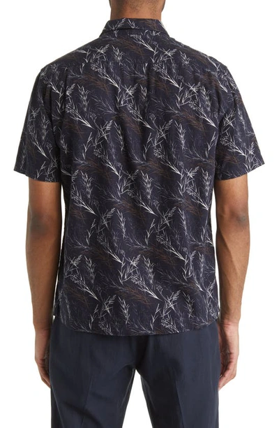 Shop Vince Leaf Print Short Sleeve Linen Blend Button-up Shirt In Coastal