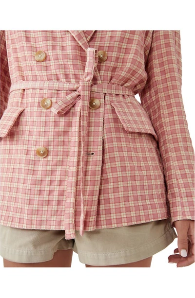 Shop Free People Olivia Tie Waist Gingham Double Breasted Blazer In Pink