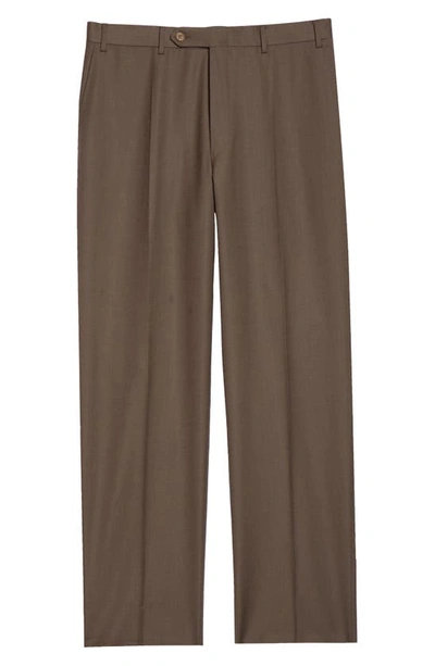Shop Canali Wool Flat Front Trousers In Dark Beige