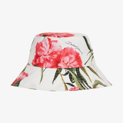Shop Dolce & Gabbana Girls White & Pink Carnation Bucket Hat