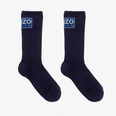 Shop Kenzo Kids Navy Blue Cotton Logo Socks