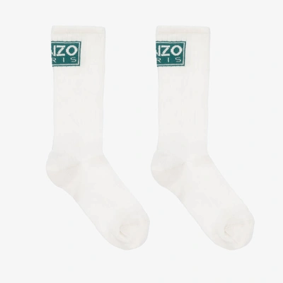Shop Kenzo Kids Ivory Cotton Logo Socks