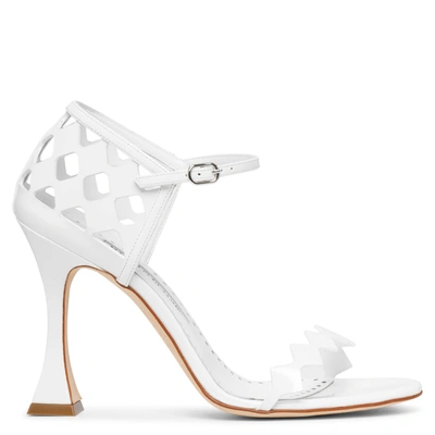 Shop Manolo Blahnik Kalun 105 Patent White Sandals