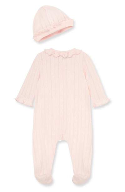 Shop Little Me Rosebud Schiffli Embroidery Cotton Footie & Hat Set In Pink