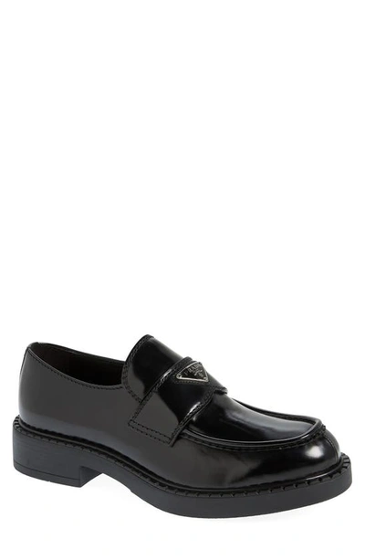 Prada Triangle Logo Brushed Leather Loafers In Nero