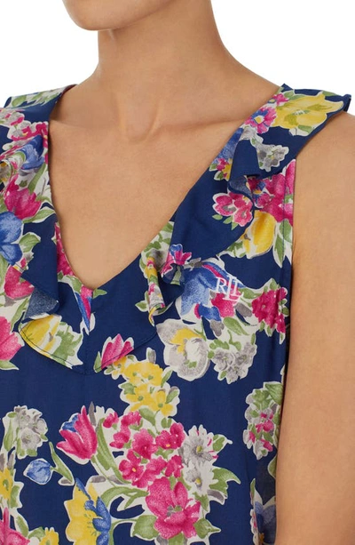 Shop Lauren Ralph Lauren Floral Ruffle Sateen Nightgown In Navy/ Prt