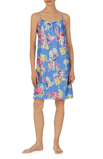 Shop Lauren Ralph Lauren Floral Ruffle Satin Nightgown In Blu/ Flor