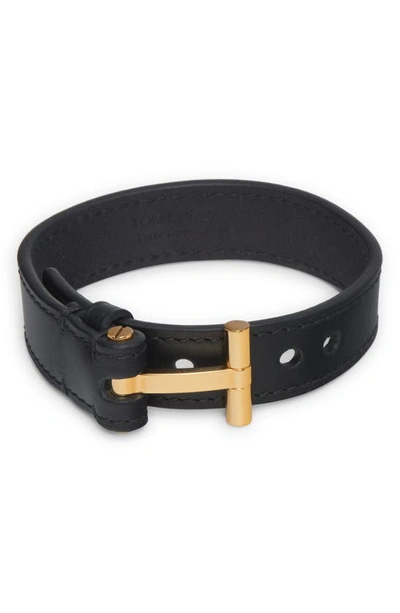 Shop Tom Ford Hollywood Leather Bracelet In Black/ Gold