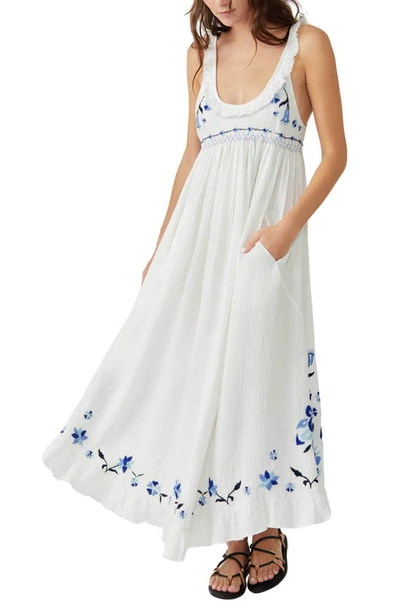 Shop Free People Magda Embroidered Maxi Sundress In Ivory Indigo