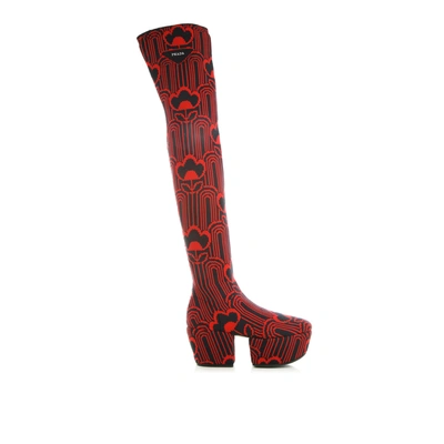 Shop Prada Jaquard Embroidered Boots In Red