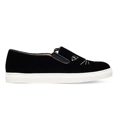 Shop Charlotte Olympia Cool Cats Velvet Slip-on Trainers In Black