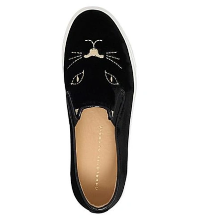 Shop Charlotte Olympia Cool Cats Velvet Slip-on Trainers In Black