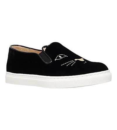 Shop Charlotte Olympia Cool Cats Velvet Slip-on Trainers In Black