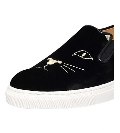 Shop Charlotte Olympia Cool Cats Velvet Slip-on Trainers In Black