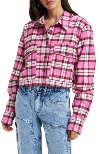 Shop Good American Flannel Crop Button-up Shirt In Sorority Pink Team Cardinal