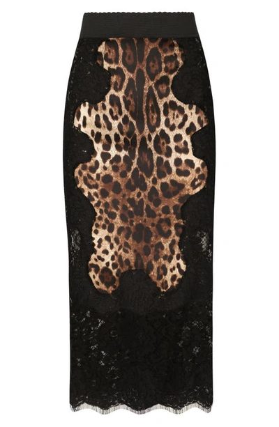 Shop Dolce & Gabbana Tubino Leopard Print Satin & Lace Pencil Skirt In Light Brown