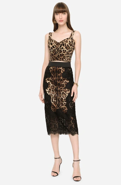 Shop Dolce & Gabbana Tubino Leopard Print Satin & Lace Pencil Skirt In Light Brown