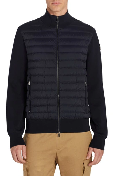 Shop Moncler Quilted Down & Knit Cardigan In Navy
