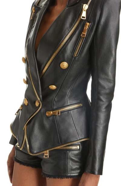 Shop Balmain Zip Detail Leather Biker Jacket In Black
