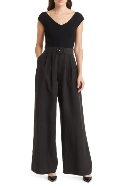 Shop Ted Baker Tabbia Mixed Media Wide Leg Jumpsuit In Black
