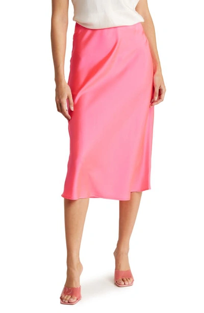Renee C Solid Satin Midi Skirt In Neon Pink