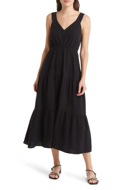 Shop Steve Madden Amira Tiered Cotton Midi Dress In Black