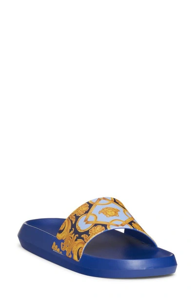 Shop Versace Baroque Pool Slide Sandal In Navy/ Cobalt/ Gold