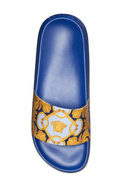 Shop Versace Baroque Pool Slide Sandal In Navy/ Cobalt/ Gold