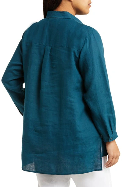Shop Eileen Fisher Classic Collar Easy Linen Button-up Shirt In Pacific