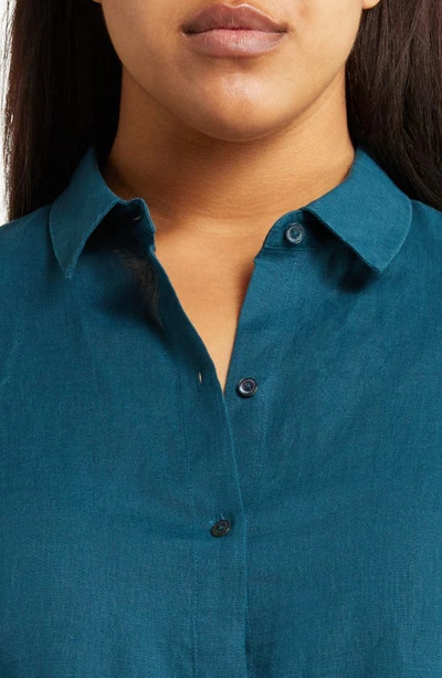 Shop Eileen Fisher Classic Collar Easy Linen Button-up Shirt In Pacific