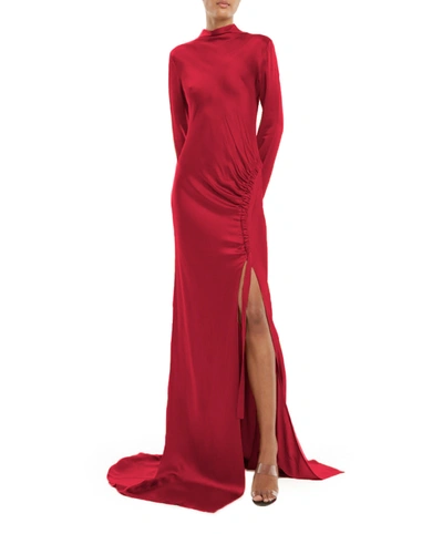 Shop Lapointe Satin Bias Tab Gown With Slit In Cerise