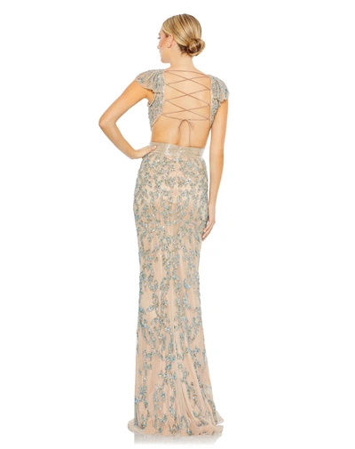 Shop Mac Duggal Embellished Cut Out Lace Up Cap Sleeve Gown In Nude Multi