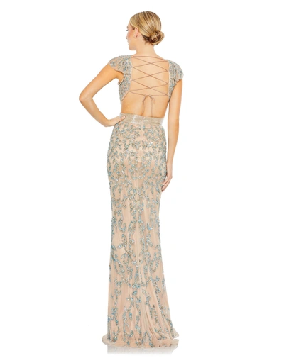 Mac Duggal Damask Sequin Open Back Gown In Nude Multi