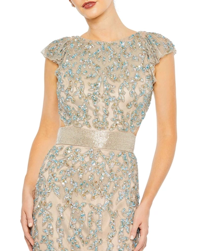 Shop Mac Duggal Embellished Cut Out Lace Up Cap Sleeve Gown In Nude Multi