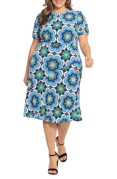 Shop Donna Morgan Jewel Neck Floral Midi Dress In Navy/ Everglade