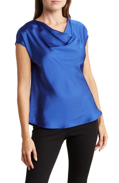 Renee C Cowl Neck Cap Sleeve Satin Top In Royal Blue