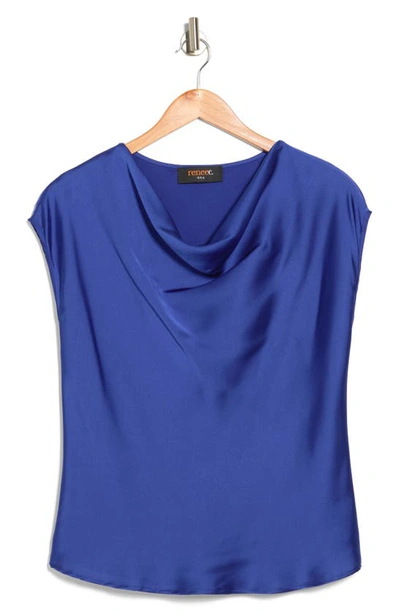 Renee C Cowl Neck Cap Sleeve Satin Top In Royal Blue