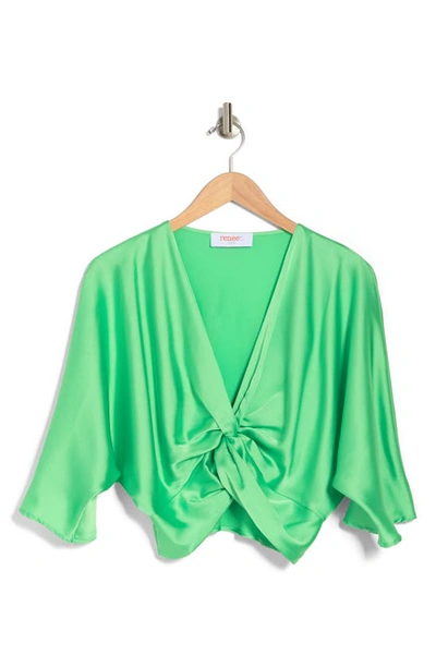 Shop Renee C Plunge Neck Long Sleeve Twisted Knot Satin Top In Tea Green