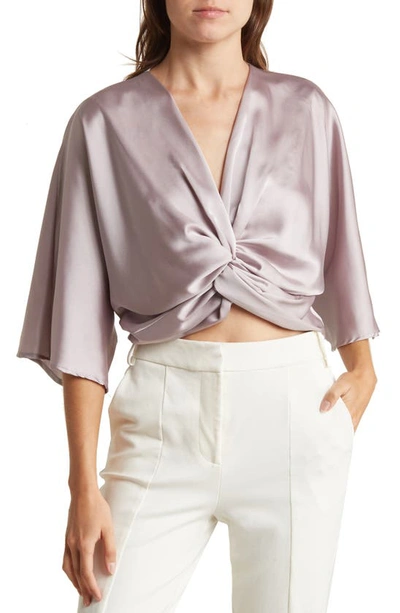 Shop Renee C Plunge Neck Long Sleeve Twisted Knot Satin Top In Dusty Lavender
