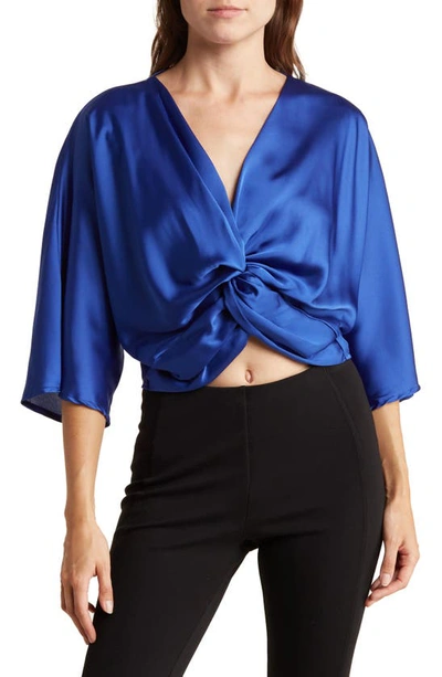 Shop Renee C Plunge Neck Long Sleeve Twisted Knot Satin Top In Royal Blue